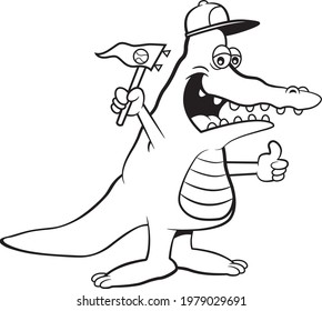 Black And White Illustration Of An Alligator Wearing A Baseball Cap And Holding A Pennant.