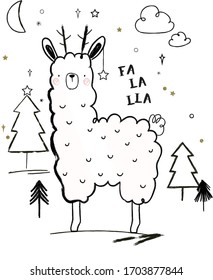 Black and white illustration with alpaca. Vector