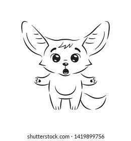 Black and white illustration of amazed fennec fox with paws spreading wide. Cute kawaii cartoon character. Funny emotion and face expression. Isolated on white backgroundv