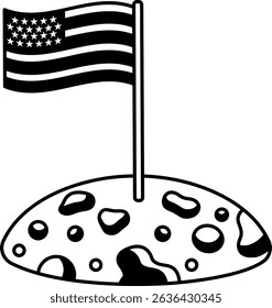 black and white illustration of American flag on the moon