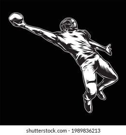 black and white illustration of an american football player in action