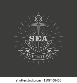 Black and white illustration of an anchor with rays and a banner with text. Vector illustration on the theme of sea travel and adventure. Cruise Advertising