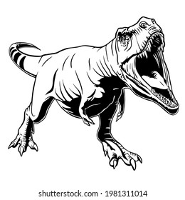 Black and white illustration of an ancient dinosaur trex type animal. File clipart cut and print svg