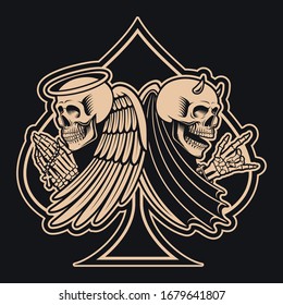 Black and white illustration of an angel skeleton versus a devil skeleton, isolated on the dark background. 