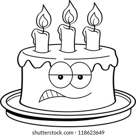 Black and white illustration of an angry cake.