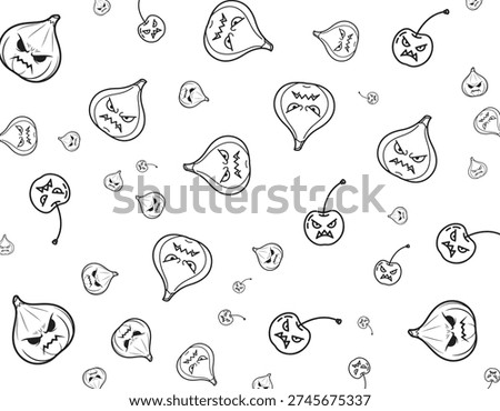 A black and white illustration of angry figs and cherries scattered across a white background, creating a whimsical and slightly menacing pattern.
