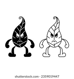 ilustración en blanco y negro de un personaje de hoja enojado. arte en línea, silueta, concepto sencillo y de sketch. para mascota, logotipo, símbolo, signo, impresión, libro de dibujo o coloreado
