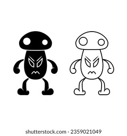 black and white illustration of angry mushroom character. line art, silhouette, simple and sketch concept. used for mascot, logo, symbol, sign, print, drawing book, or coloring