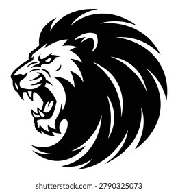 Black and white illustration of angry roaring lion head with mane icon