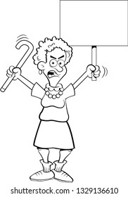 Black and white illustration of an angry senior citizen shaking a cane and holding a sign.