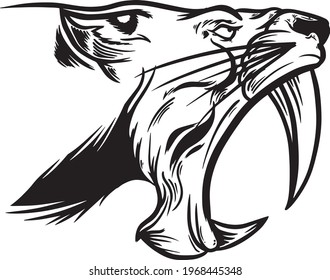 black white illustration of angry tiger head with big fangs