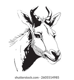 Black and white illustration of antelope head close up sketch. Vector illustration