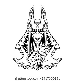 black and white illustration of Anubis throwing dice