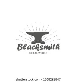 Black and white illustration of anvil, rays and text on a white background. Vector blacksmith logo illustration. Professional metal work