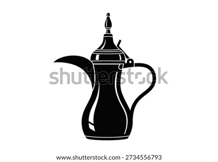 Black and white illustration of an Arabic dallah, a traditional coffee pot. Iconic symbol of hospitality and culture in Middle Eastern regions.