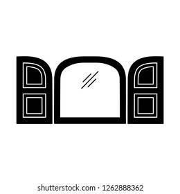 Black & white illustration of arch window shutter. Vector flat icon of wooden vintage outdoor jalousie. Isolated object on white background