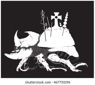 Black and white illustration of armored rhinoceros beetle with cross and banners on it's back. Unreal insect isolated on black background.  Print for t-shirt or sweatshirt.