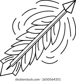 A black and white illustration of an arrow in flight, depicted with stylized feathers and curved motion lines to convey speed and movement.