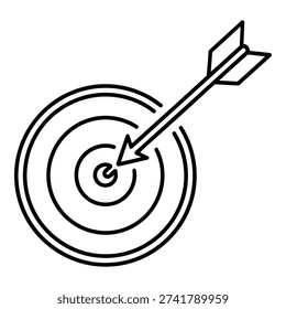 A black and white illustration of an arrow hitting the center of a target isolated on white background, Vector