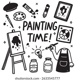 Ilustração em preto e branco de materiais de arte, incluindo cavalete, pincel, paleta e tubos de pintura com a pintura de texto Tempo!