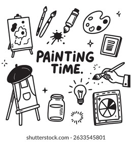 Ilustração em preto e branco de materiais de arte, incluindo cavalete, pincel, paleta e tubos de pintura com a pintura de texto Tempo!
