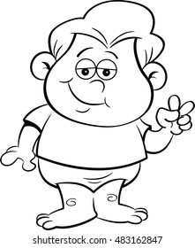 Black and white illustration of a baby in diapers giving the peace sign.