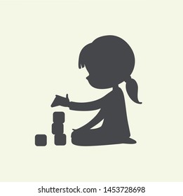 Black and white illustration of Baby Girl playing with toy blocks. Simple Monochrome Silhouette. Can be used as logo or sign. Vector. isolated