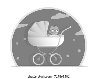 Black and white illustration baby stroller for boys, Isolated on white background. Cartoon pram illustrated. Trendy style for graphic design, Web site, social media, user interface, mobile app.
