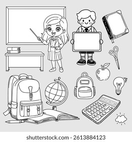 Black and White Illustration of Back to School Set Elements with Students, Teachers, and School Supplies