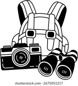 ilustración en blanco y negro de una mochila, cámara y binoculares están juntos