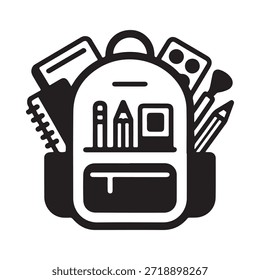 Una ilustración en blanco y negro de una mochila llena de útiles escolares