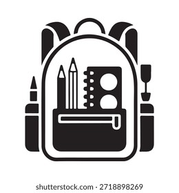 Una ilustración en blanco y negro de una mochila llena de útiles escolares