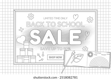 Black and white illustration of a back-to-school sale with art supplies, including paint jars, brushes, and a coloring book. Perfect for school designs.