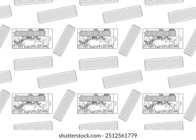 Black and white illustration for a back-to-school theme featuring school supplies like notebooks and clay. Ideal for coloring books.