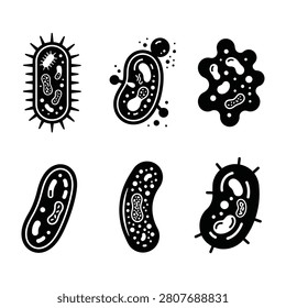Black and white illustration of bacteria cells and microorganisms for biology science education and healthcare concepts