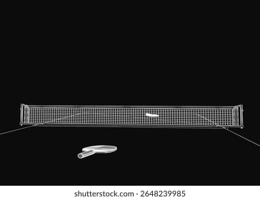 Uma ilustração em preto e branco de uma rede de badminton e raquete em um fundo escuro, com materiais resistentes para durabilidade e uma superfície de jogo segura.