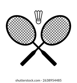 Black and white illustration of a badminton racket and shuttlecock. Simple and clean design, ideal for sports-related content, icons, educational materials, or recreational activity themes.