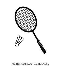 Black and white illustration of a badminton racket and shuttlecock.