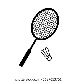 Black and white illustration of a badminton racket and shuttlecock. Simple and clean design, ideal for sports-related content, icons, educational materials, or recreational activity themes.