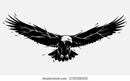 Ilustración en blanco y negro de un águila calva en vuelo, con alas extendidas y garras afiladas, sobre un fondo blanco liso.