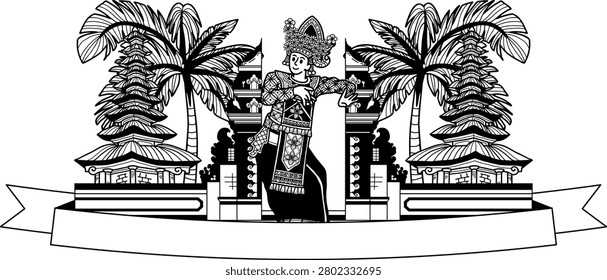 black and white illustration of Bali classical dance legong at heaven gate logo