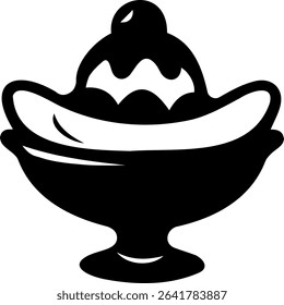 Black and white illustration of banana split sundae in bowl, featuring scoops of ice cream 
