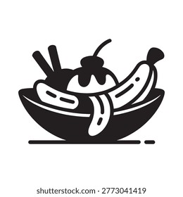 A black and white illustration of a banana split in a bowl