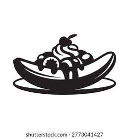 Black and white illustration of a banana split dessert with toppings