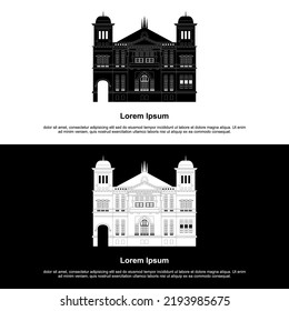 A black and white illustration of Bank Indonesia in Yogyakarta. located at km 0 and the Malioboro area. historical building since the Dutch colonialism in Indonesia and always a lot of people