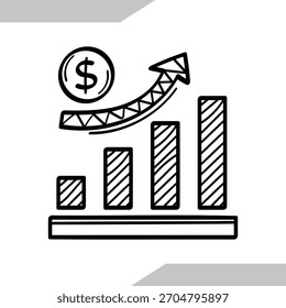 Ilustración en blanco y negro de un gráfico de barras con una flecha hacia arriba y un símbolo de dólar.