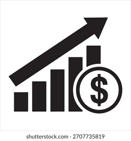 Black and white illustration of a bar graph with an upward trending arrow and a dollar sign, representing financial growth.