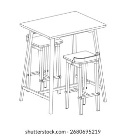 Black and white illustration of a bar set in perspective view, minimal monochrome line drawing of furniture design.