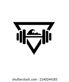 Black and white illustration of a barbell, isolated on the white background. incorporates a barbell with an ocean wave