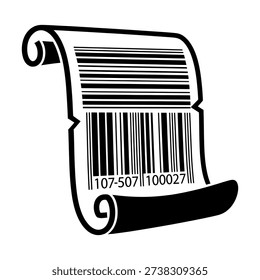 Black and white illustration of a barcode on a scroll